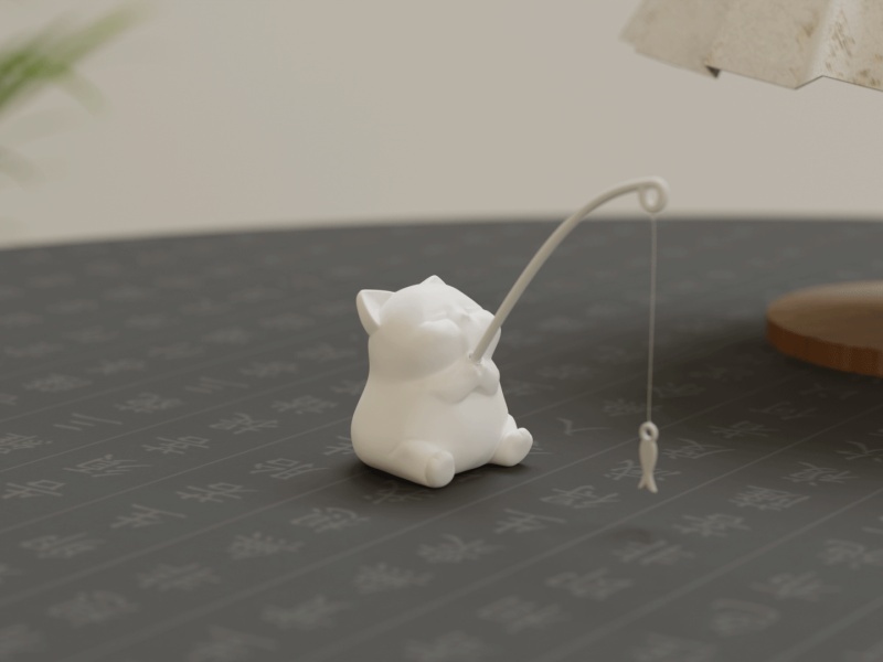 钓鱼的小胖猫，桌面雕塑摆件