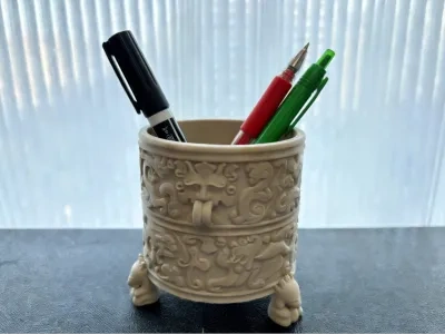 东汉神兽纹玉樽复刻 笔筒 收纳桶 - 免费 3D 打印模型 - MakerWorld