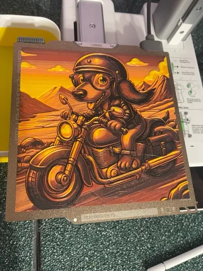 HueForge上的一只坐在摩托车上的腊肠犬
